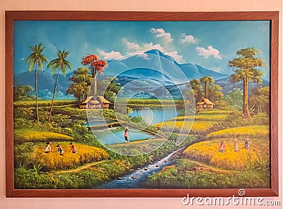 Ubud, Indonesia - April 12, 2012: mysterious Balinese artwork in painting style at shop at Ubud, Indonesia Editorial Stock Photo