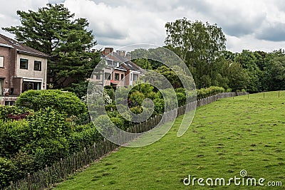 Uccle, Brussels - Belgium - View over the green meadows and trees of the Vronerode - Fond'Roy city park Editorial Stock Photo