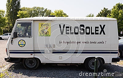 Uccle, Brussels Capital Region - Belgium - Old white French Van of the Velosolex company Editorial Stock Photo