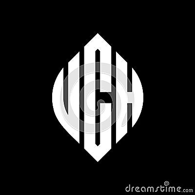 UCH circle letter logo design with circle and ellipse shape. UCH ellipse letters with typographic style. The three initials form a Vector Illustration