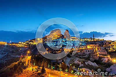 Uchisar Castle at night in Cappadocia, Turkey. Stock Photo