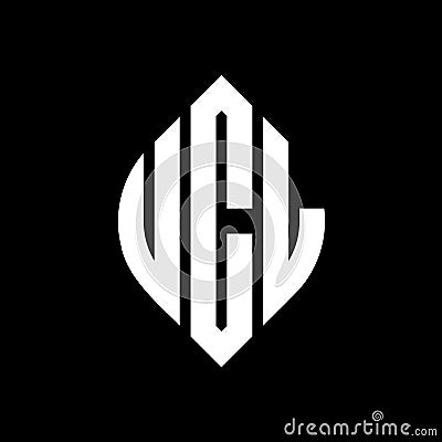 UCL circle letter logo design with circle and ellipse shape. UCL ellipse letters with typographic style. The three initials form a Vector Illustration