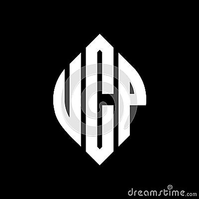 UCP circle letter logo design with circle and ellipse shape. UCP ellipse letters with typographic style. The three initials form a Vector Illustration