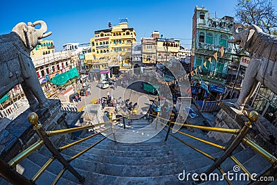 Udaipur, India - January 29, 2017: Crowd and traffic in the enchanting Udaipur, famous travel destination in Rajasthan, India. Fis Editorial Stock Photo