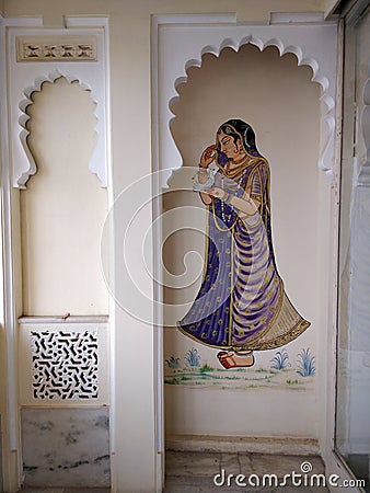 Udaipur, Rajasthan, India- 19th November 2018- Traditional Rajasthani painting in at Shiv Nias Palace Editorial Stock Photo