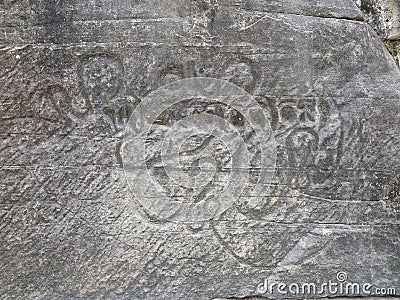Close-up of Sankha Lipi shell-script inscription on rock face, Udayagiri Caves, Vidisha, India Stock Photo