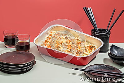 UDON CARBONARA food tray with drinks and chopsticks isolated on grey background side viewcreamy, party, wase, moria, moriawase, Stock Photo