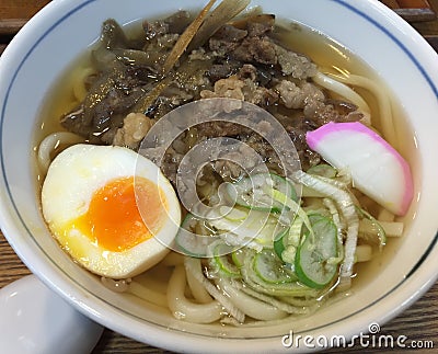 Udon noodle with beef and egg Stock Photo