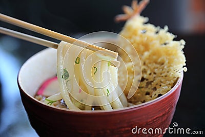 Udon noodle with fried shrimp tempura , Japanese food Stock Photo