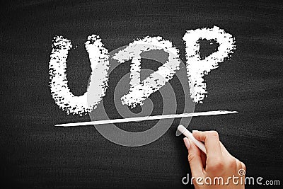 UDP - User Datagram Protocol is one of the core members of the Internet protocol suite, acronym text concept on blackboard Stock Photo