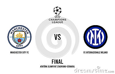 2023 UEFA Champions League final football match - Manchester City FC vs Inter Milan. Vector Illustration