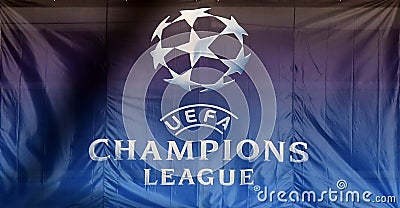 UEFA Champions League logo on flag Editorial Stock Photo