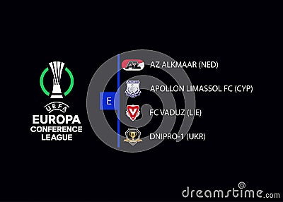 2022-2023 UEFA Europa Conference. Group E. AZ Alkmaar, Apollon Limassol, Vaduz, Dnipro-1. Kyiv, Ukraine - August 31, 2022 Vector Illustration