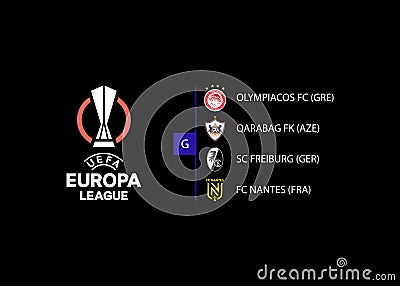 2022â€“2023 UEFA Europa League. Group G. Olympiacos, Qarabag, SC Freiburg, Nantes. Kyiv, Ukraine - August 31, 2022 Vector Illustration