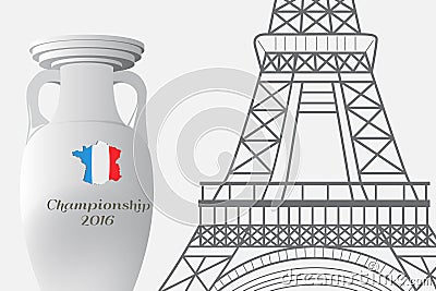 The 2016 UEFA European Championship. France. Cup of Championship and the Eiffel Tower Vector Illustration