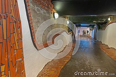 Underpass between the platforms of the station of the small town Uelzen, with individual design of the artist Hundertwasser from Editorial Stock Photo