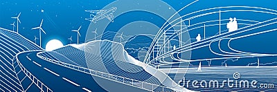 City infrastructure industrial and landscape illustration panorama. People walk across the river bridge. Automobile road in mounta Vector Illustration