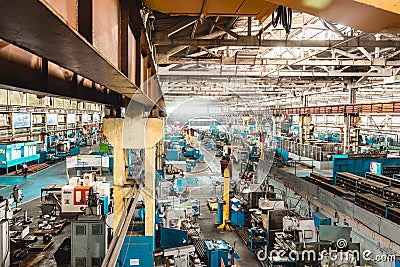 Ufa, Russia. October 9, 2021: The interior of an old manufacturing plant. Large hangar in a factory with many special Editorial Stock Photo