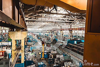 Ufa, Russia. October 9, 2021: The interior of an old manufacturing plant. Large hangar in a factory with many special Editorial Stock Photo