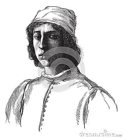 Uffizi Gallery in Florence. - Portrait painted by Filippino Lippi himself. - Drawing Chevignard, vintage engraving Vector Illustration