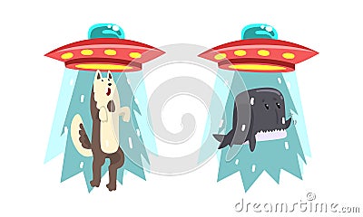 UFO Abducting Animals Set, Alien Spacecraft Stealing Wolf and Whale Cartoon Vector Illustration Vector Illustration