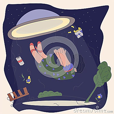 UFO abducts a girl in the park at night flat color contour drawing in corporate Memphis style Vector Illustration