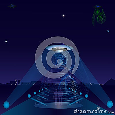 UFO alien ship night city road spotlights Vector Illustration