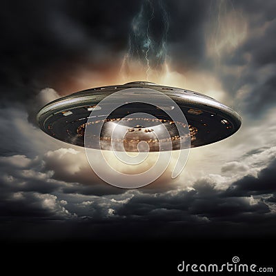 UFO, alien spaceships in the clouds in the sky. Cartoon Illustration