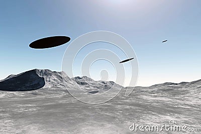 UFO alien spaceships flying over mountains Cartoon Illustration