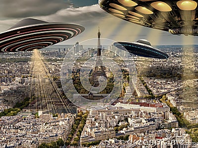 Ufo or alien spaceships flying over Paris and over Eiffel Tower Panoramic aerial view of Paris Stock Photo