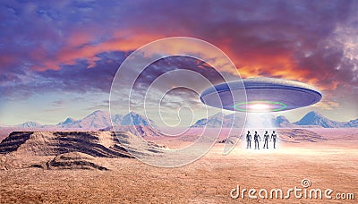 Ufo and aliens in the desert Stock Photo