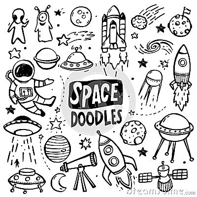UFO and Aliens Doodles Vector Illustration