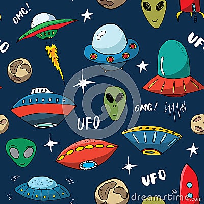 Ufo and aliens Seamless pattern. Cute Doodles space ships sketch. Hand drawn Cartoon Vector illustration Vector Illustration