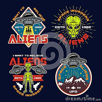 Ufo and aliens set of four colored vector emblems Vector Illustration