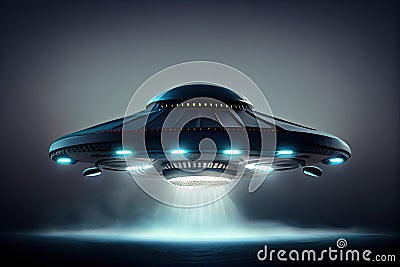 UFO with Beam, Alien Spaceship in Night Sky, Futuristic Mystery Transport, Abstract Generative AI Illustration Stock Photo