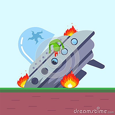 UFO crashed on the ground. dead alien. Vector Illustration