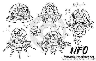 UFO. Fantastic creatures set in outline. Vector illustration. Coloring book Vector Illustration