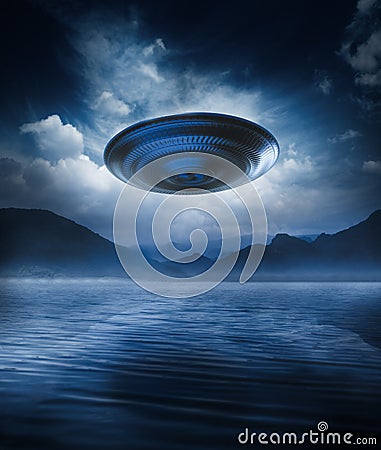 Flying saucer on a lake Cartoon Illustration