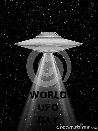 Ufo flying spaceship. World UFO Day. Flying saucer. rappresentation of and UFO with a light Stock Photo