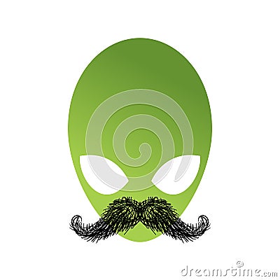 UFO hipster with mustache. Alien head isolated. Green Humanoid f Vector Illustration