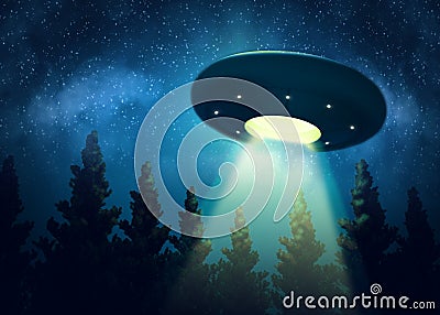 Ufo is hovering over the trees. Digital painting 3d render mix Stock Photo