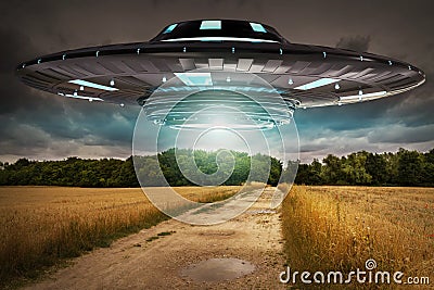 UFO invasion on planet earth landascape 3D rendering Stock Photo