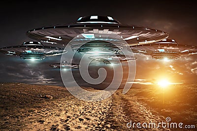 UFO invasion on planet earth landascape 3D rendering Stock Photo