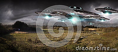 UFO invasion on planet earth landascape 3D rendering Stock Photo