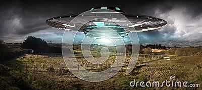 UFO invasion on planet earth landascape 3D rendering Stock Photo