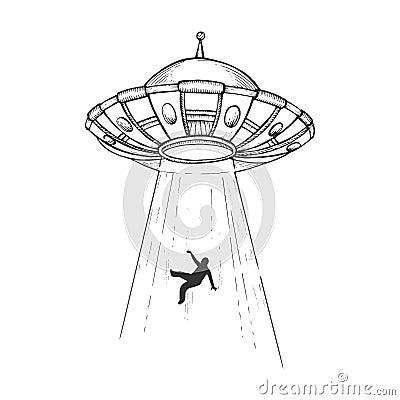 UFO kidnaps human engraving vector Vector Illustration
