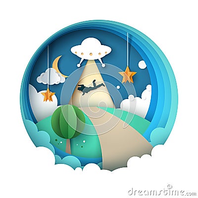 UFO kidnaps a person - cartoon paper illustration. Vector Illustration