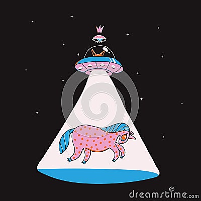 UFO kidnaps a unicorn. Poster print. Vector illustration. hand drawn Vector Illustration