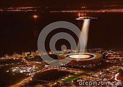 UFO, lights and city in night, buildings and alien invasion for search, stadium or Cape Town. UAP spaceship, flying Stock Photo