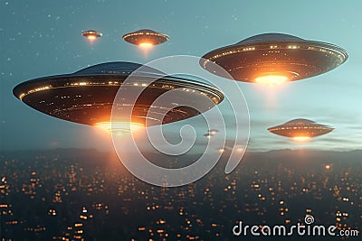 UFO mystery Disc shaped UFOs in the sky, extraterrestrial civilization concept Stock Photo